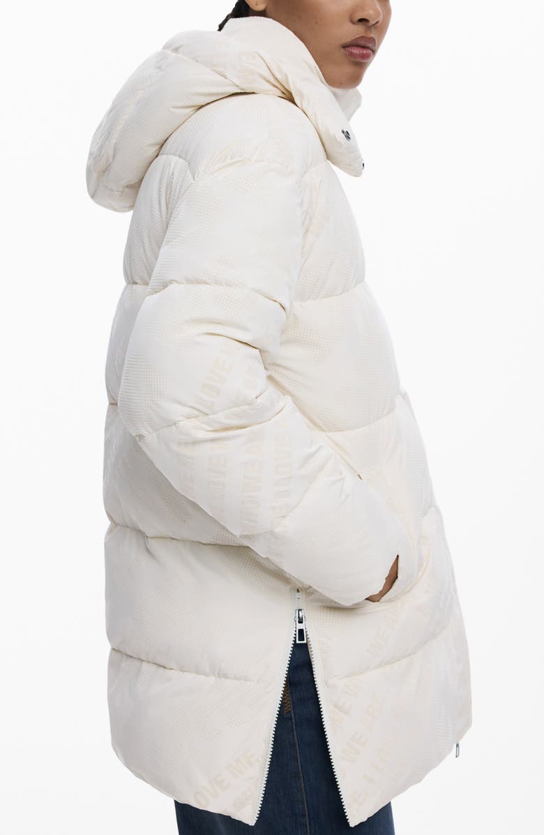 Desigual Flocked Print Quilted Puffer Jacket with Removable Hood, Alternate, color, Light Beige