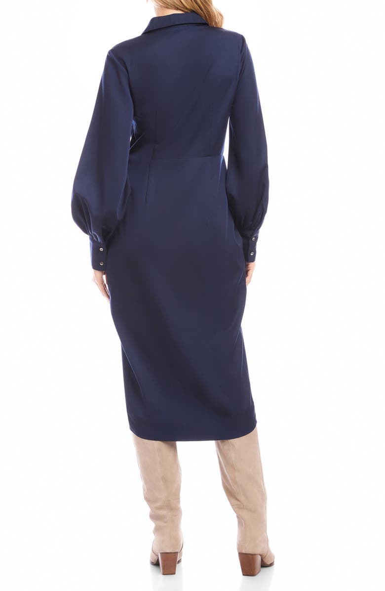 Karen Kane Savannah Twist Front Long Sleeve Sateen Midi Dress, Alternate, color, Navy