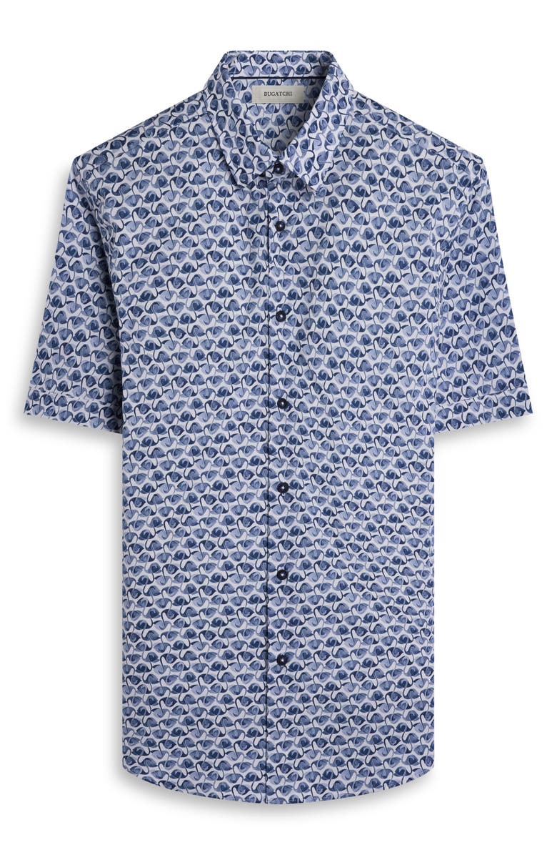 Bugatchi Orson Flamingo Print Short Sleeve Stretch Cotton Button-Up Shirt, Alternate, color, Navy