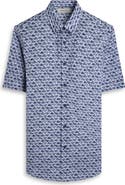 Bugatchi Orson Flamingo Print Short Sleeve Stretch Cotton Button-Up Shirt