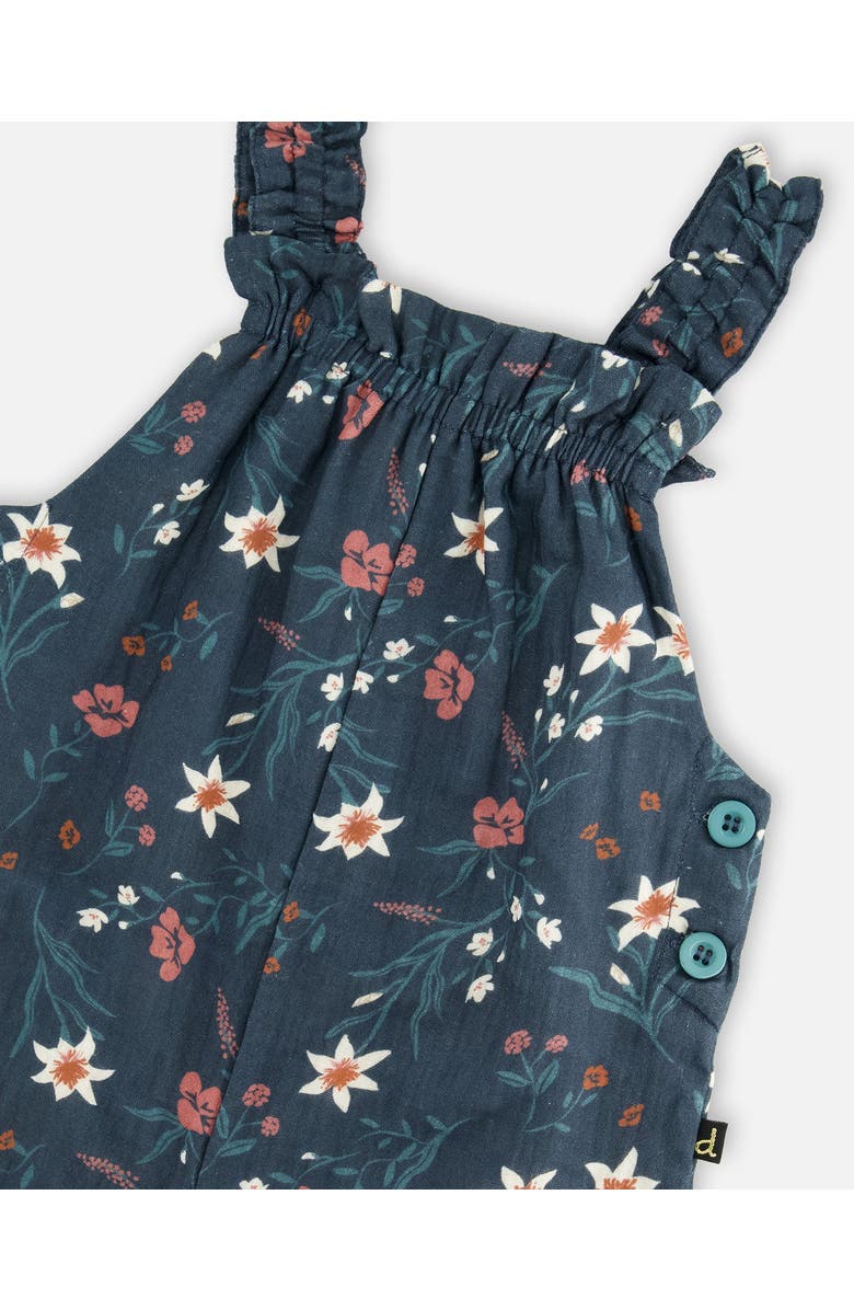 Deux par Deux Little Girl's Printed Muslin Overall Teal With Flowers, Alternate, color, 