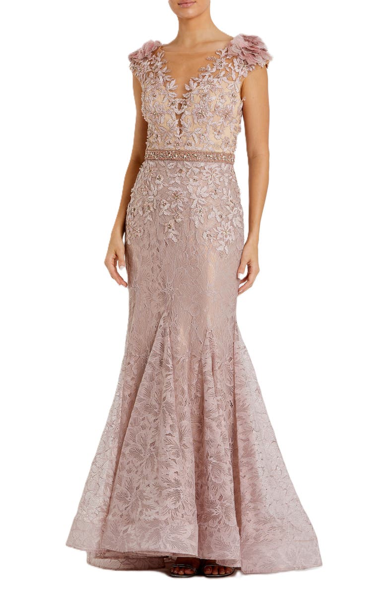 Mac Duggal Embroidered Illusion Appliqued Bodice Trumpet Gown, Main, color, Mocha