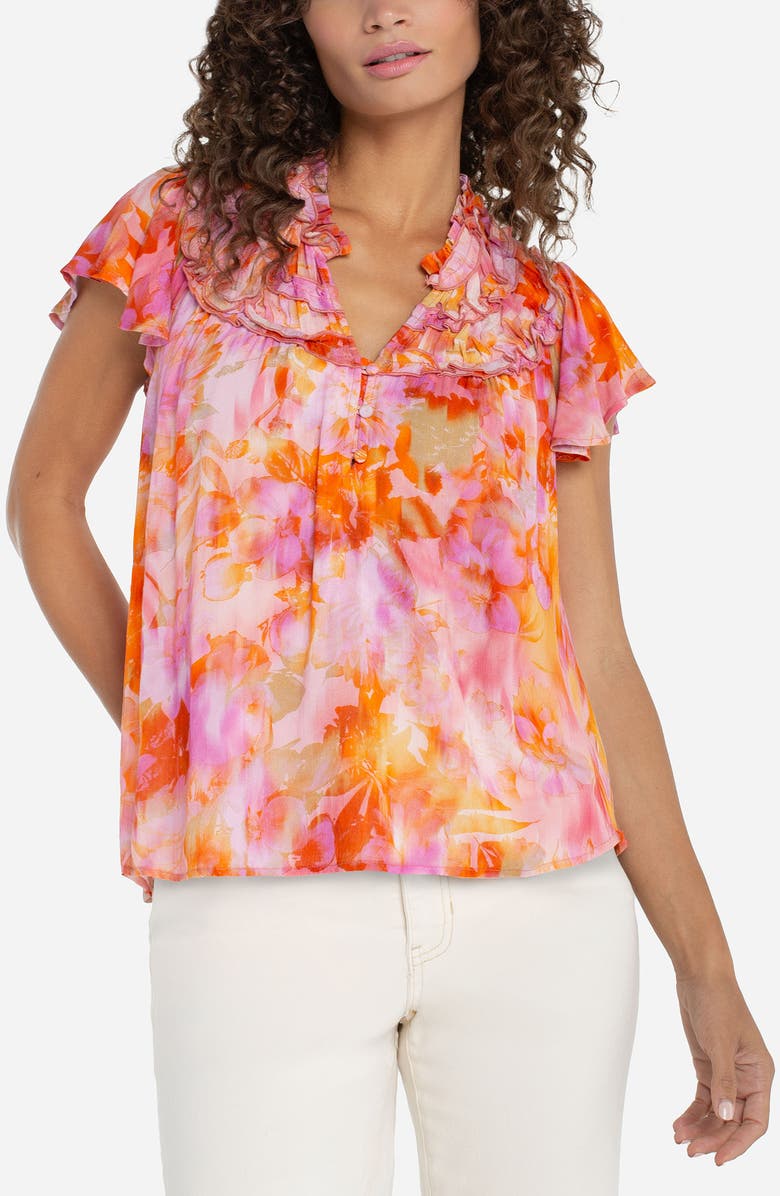 Liverpool Los Angeles Floral Print Ruffle Top, Main, color, Orange/ Pink Multi