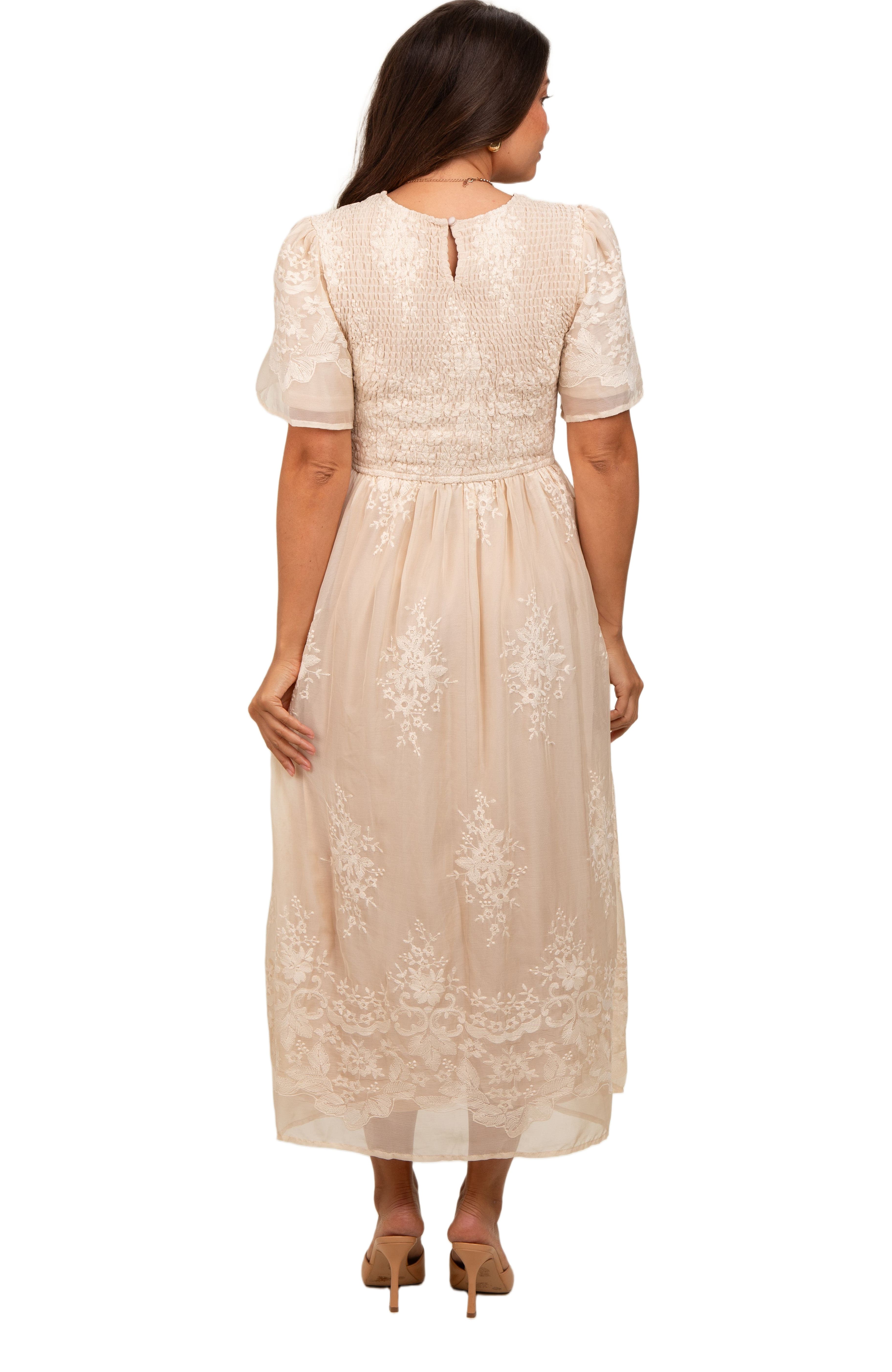 Embroidered Smocked Midi Dress - image 2