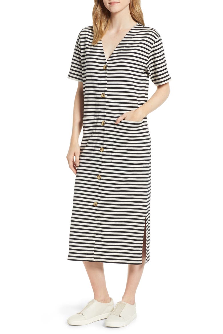 Joy Stripe Button-Up Cotton Midi Dress, Main, color, BLACK STRIPE