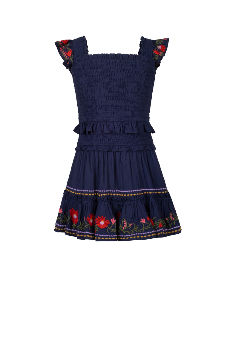 Zoe Smocked Bodice Embroidered Ruffle Dress, Main, color, Gardenia Embroidery