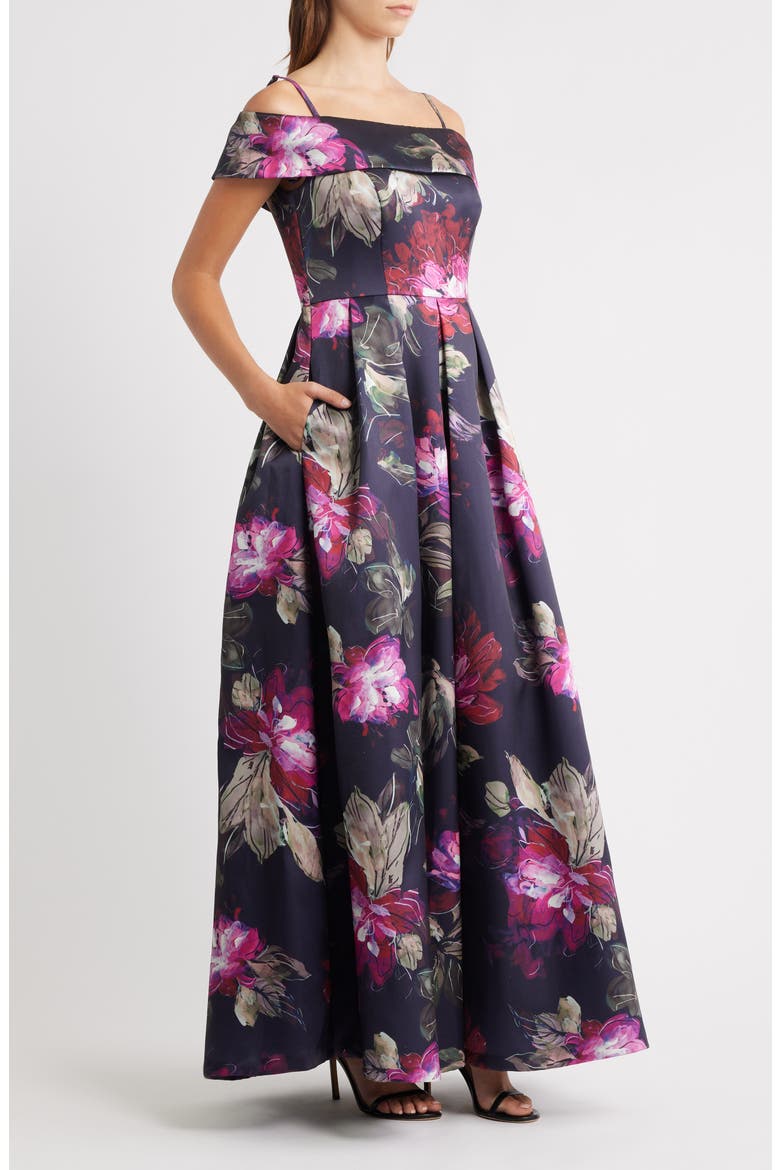 Floral Off-the-Shoulder Gown, Alternate, color, NAVY MULTI