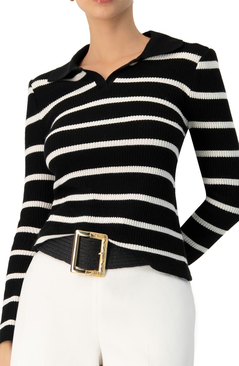 IVONNE Knitted Striped Long Sleev Polo, Alternate, color, Black
