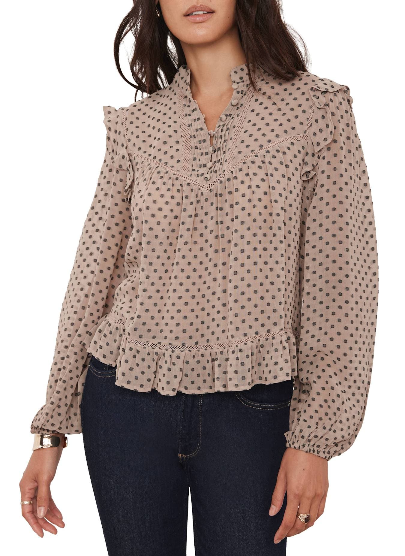 Neutral Jacquard Polka Dot Blouse