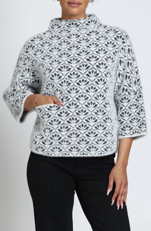 Abstract Floral Mock Neck Sweater
