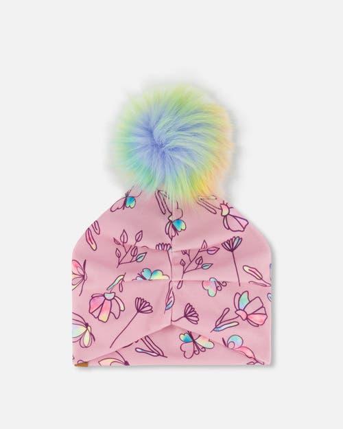 Deux Par Deux Girl's Printed Jersey Detachable Pompom Hat Lilac And Multicolored Butterfly In Lilac And Multicolor Butterfly