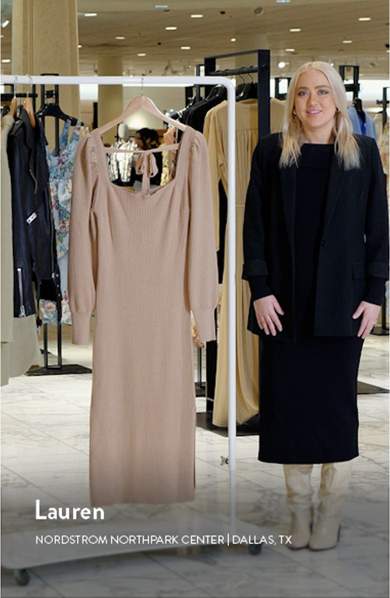 Square Neck Tie Back Puff Long Sleeve Sweater Dress, sales video thumbnail