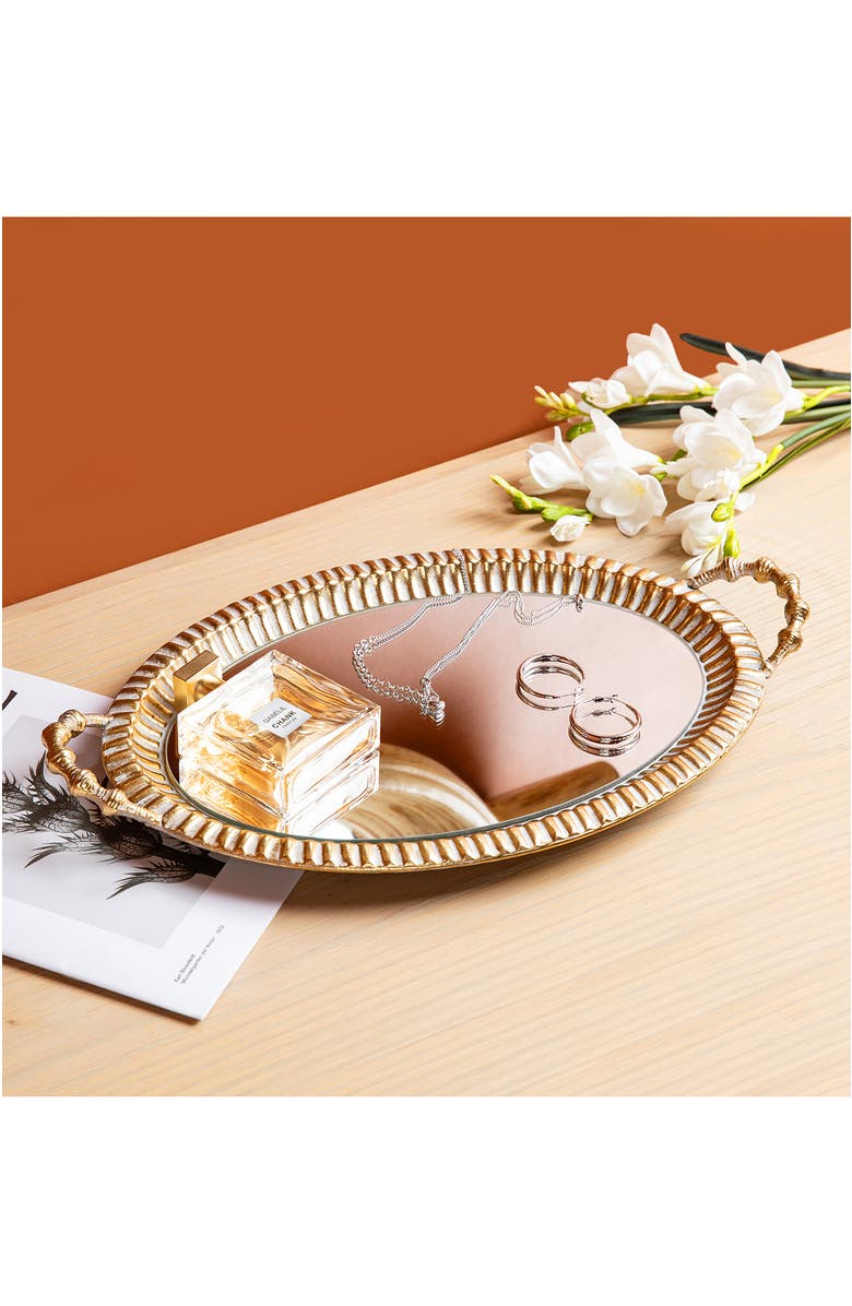 Glitzhome Set of 2 Oval Metal Gold Mirrored Decorative Tray with Handles, Alternate, color, Gold