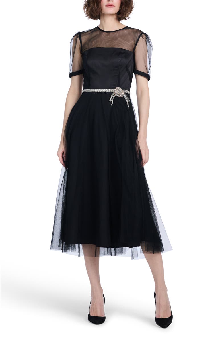 EMILY SHALANT Tulle Overlay Illusion Neck Midi Cocktail Dress, Main, color,