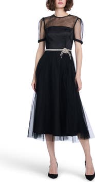 EMILY SHALANT Tulle Overlay Illusion Neck Midi Cocktail Dress