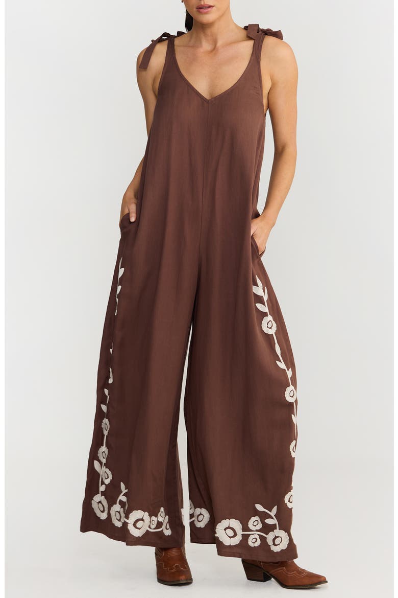 Temple Embroidered Wide Leg Jumpsuit, Alternate, color, CHOCOLATE W IVORY