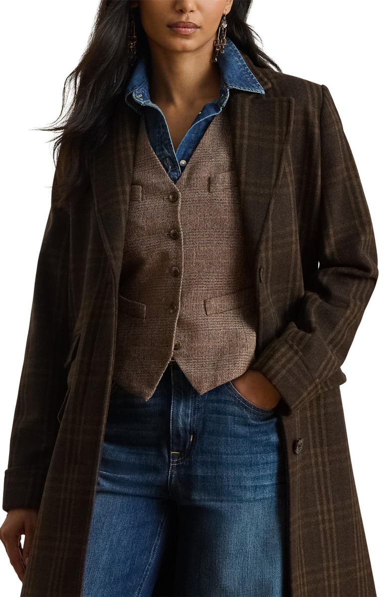 Lauren Ralph Lauren Longline Plaid Wool Blend Reefer Coat, Alternate, color, Brown Plaid