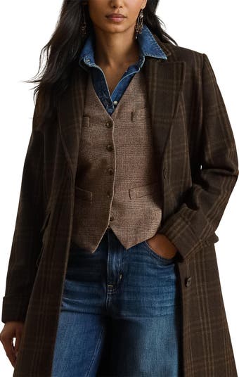 Longline Plaid Wool Blend Reefer Coat