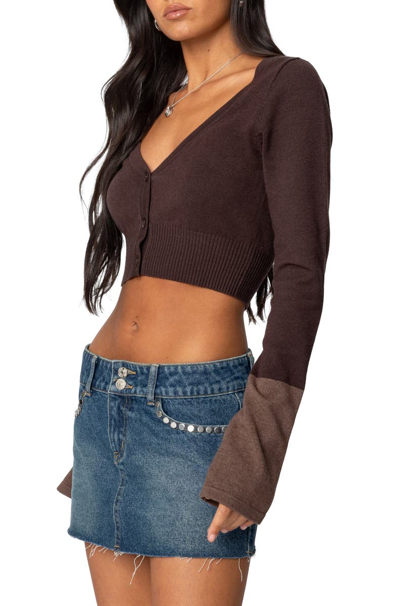 EDIKTED Colorblock Crop Cardigan, Alternate, color, Brown