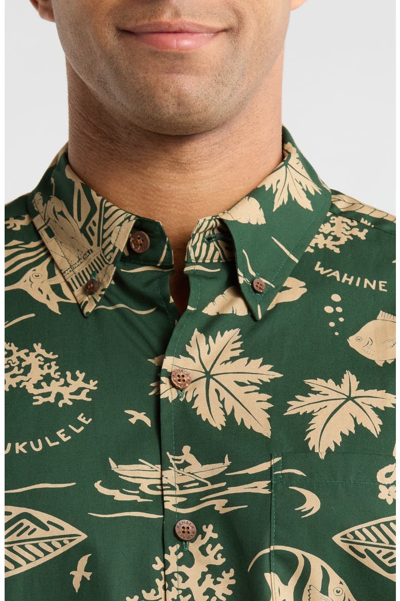 E Kipa Mai Print Cotton Short Sleeve Button-Down Shirt, Alternate, color, PINE