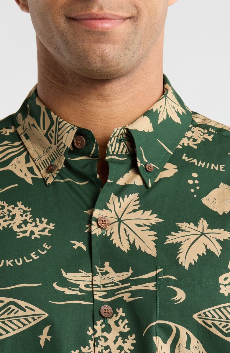 Kahala E Kipa Mai Print Cotton Short Sleeve Button-Down Shirt, Alternate, color, Pine