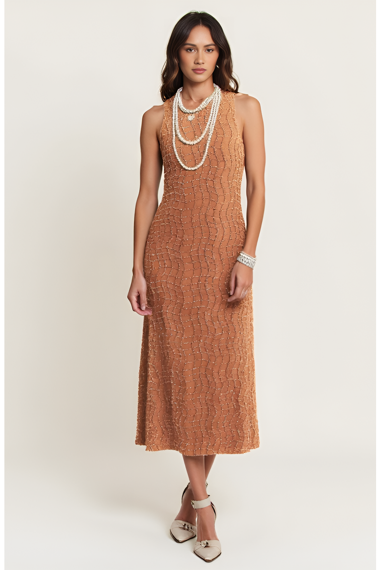 Hand-Embellished Sleeveless Midi Dress, Alternate, color, Brown / Tan