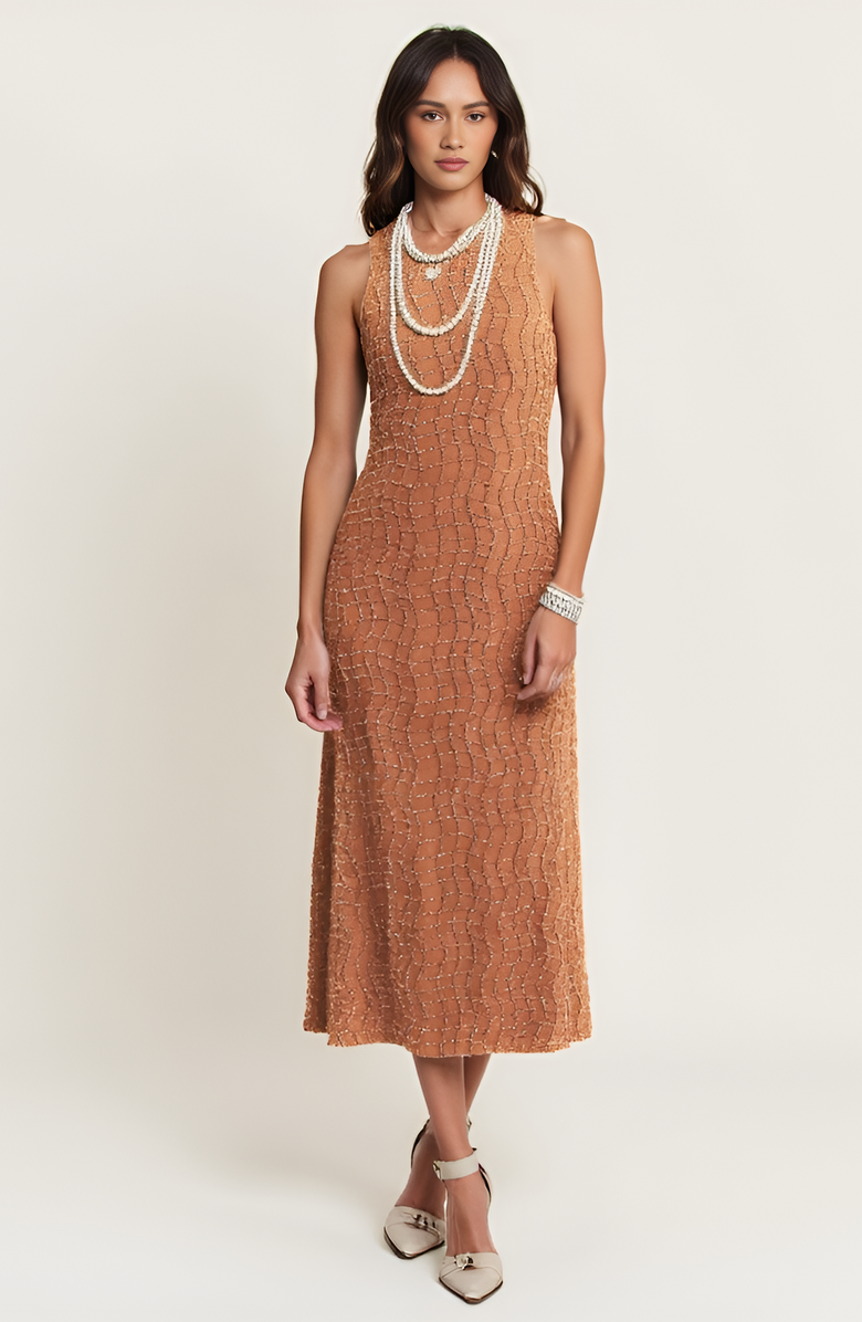 Modenaire Hand-Embellished Sleeveless Midi Dress, Alternate, color, Brown / Tan