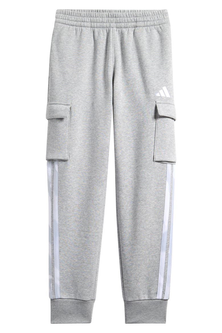 Kids' 3-Stripes Camo Halftone Fleece Cargo Pants, Main, color, GREY HEATHER