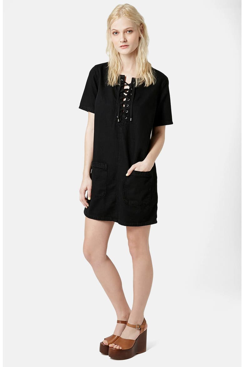 Moto Lace Up Shirtdress, Main, color, BLACK