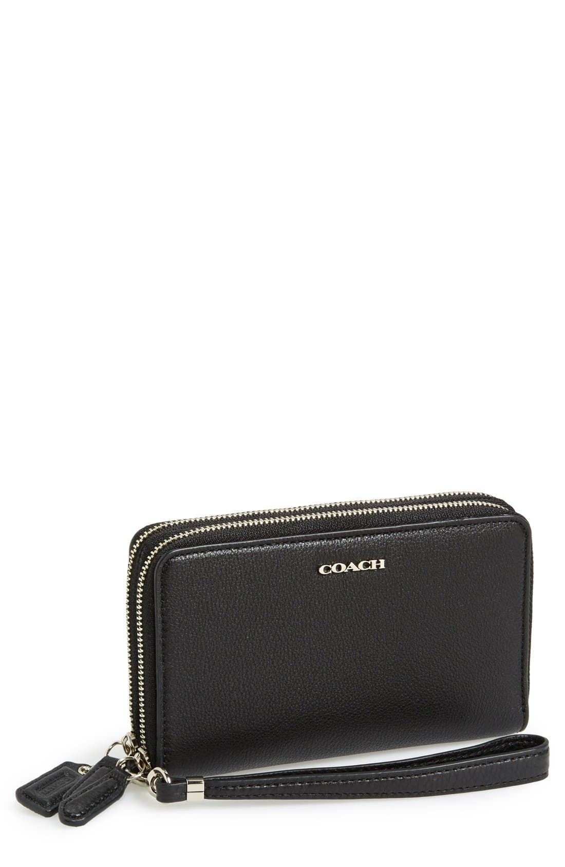'Madison' Zip Around Leather Phone Wristlet, Main, color, BLACK
