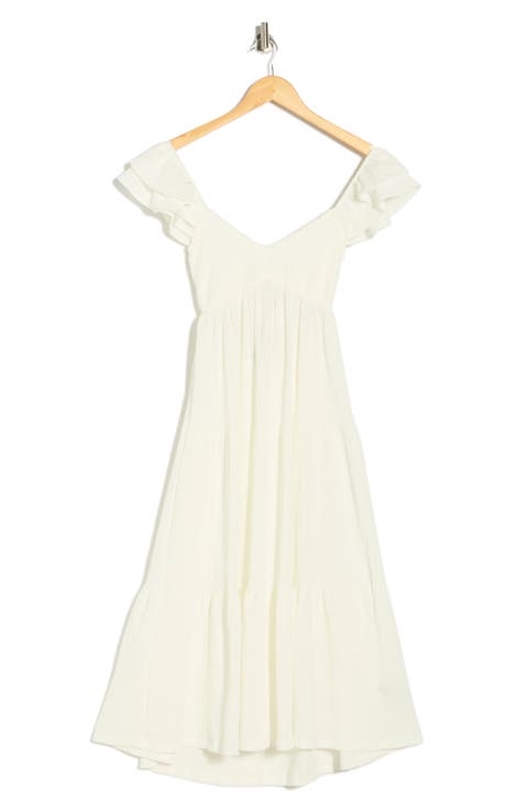 Smocked Flutter Sleeve Tiered Midi Dress