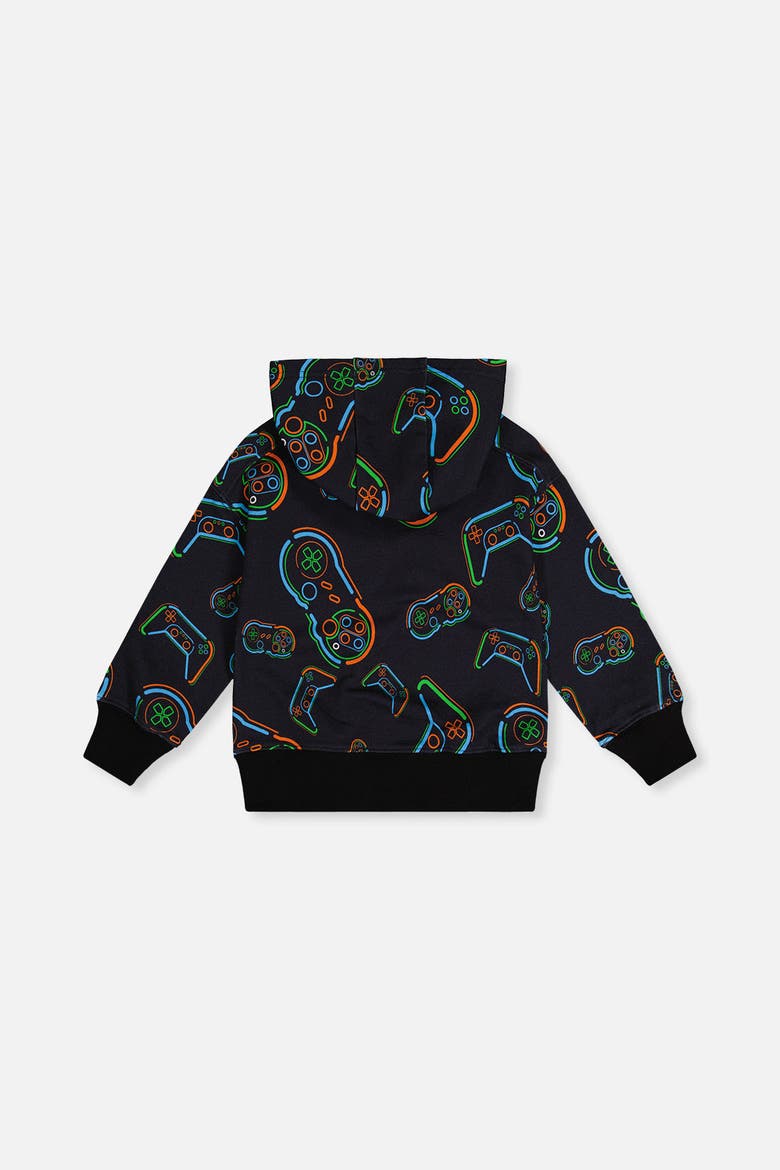 Controller Fleece Attached Hooded Sweatshirt, Alternate, color, Black Printed Controller