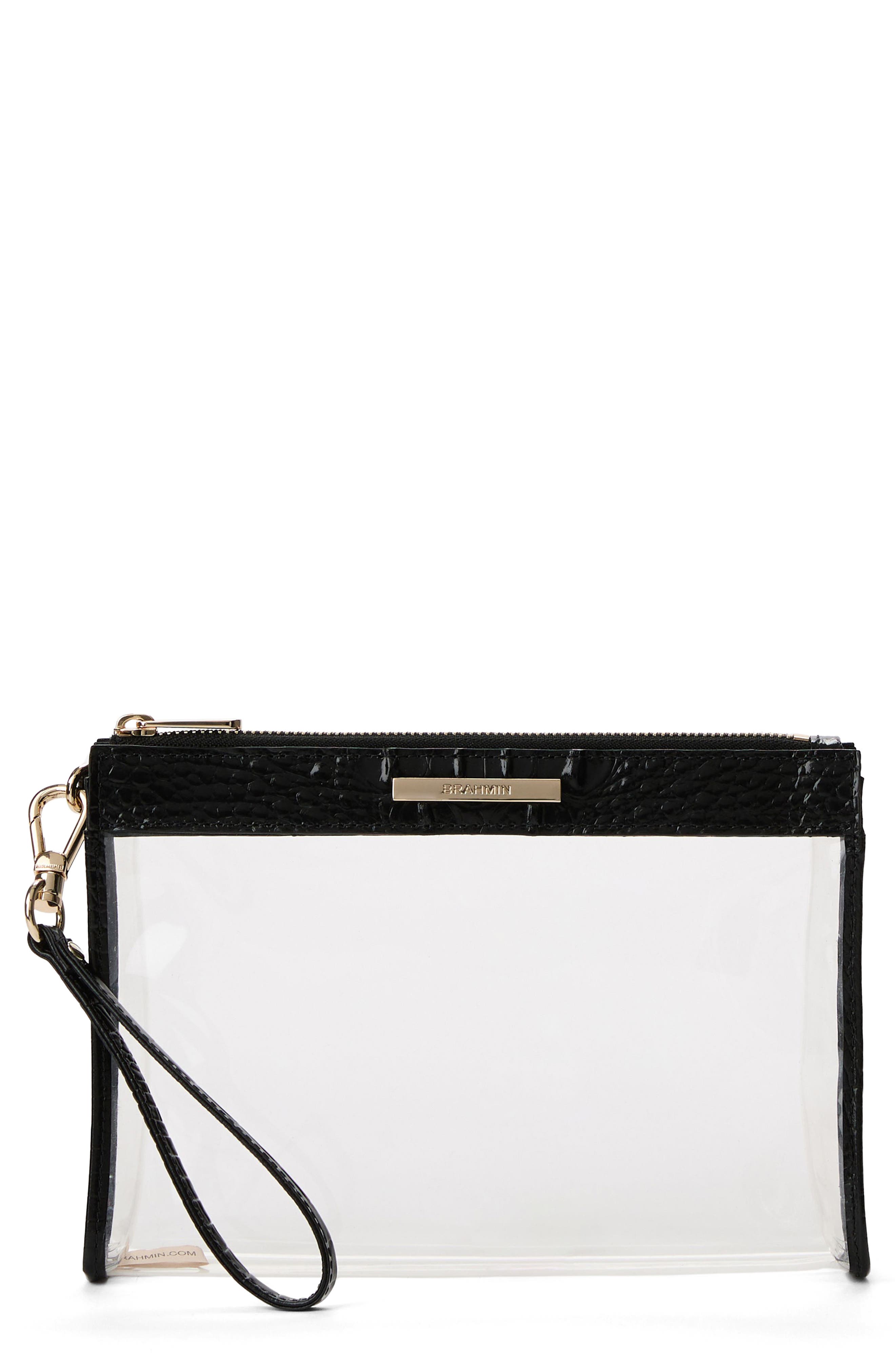 Clarisse Clear Croc Embossed Leather Wristlet, Main, color, BLACK