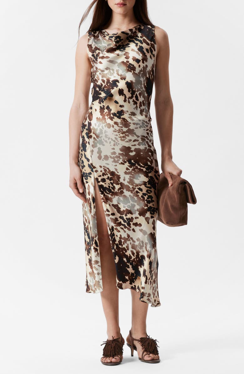 & Other Stories Abstract Animal Print Satin Midi Slipdress, Main, color, Brown Dark