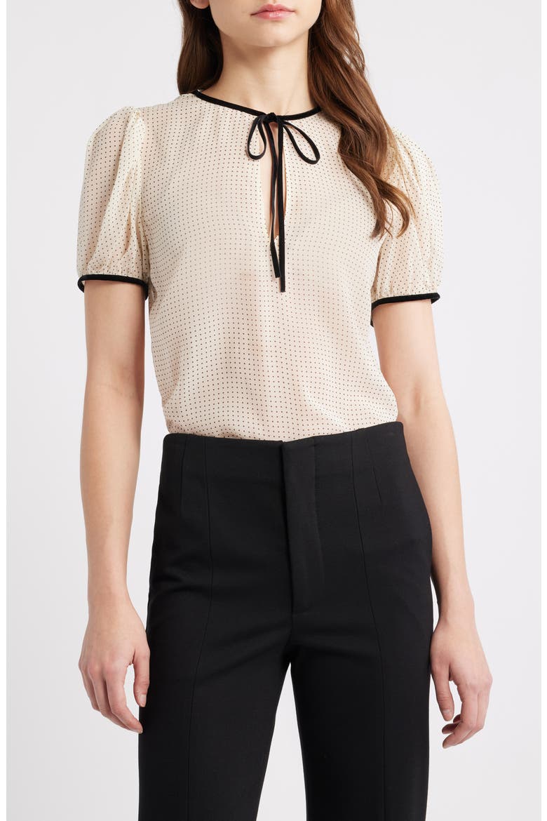 Polka Dot Tie Front Puff Sleeve Semisheer Silk Top, Main, color, ECRU MULTI