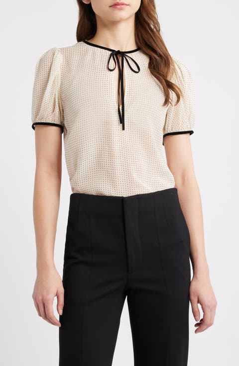 Polka Dot Tie Front Puff Sleeve Semisheer Silk Top