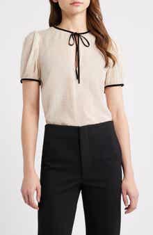 Polka Dot Tie Front Puff Sleeve Semisheer Silk Top