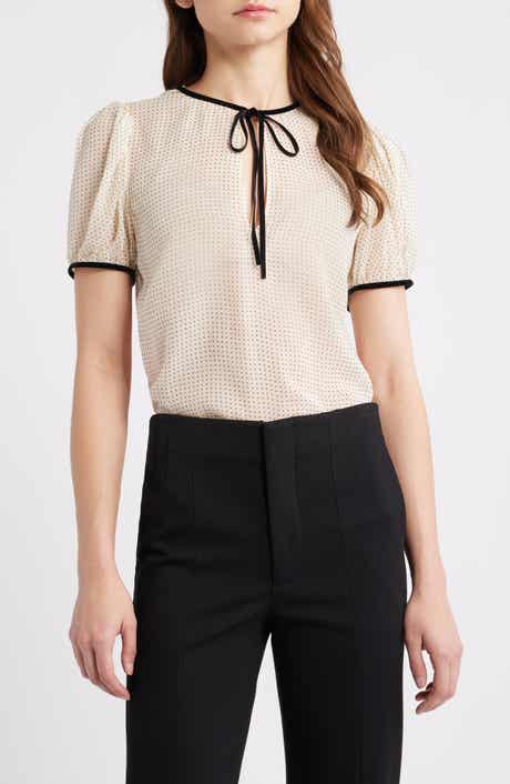 FRAME Polka Dot Tie Front Puff Sleeve Semisheer Silk Top