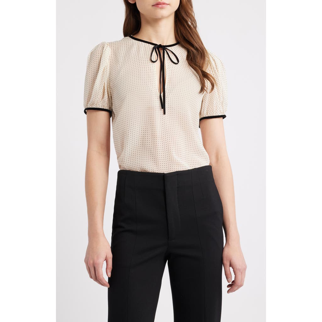 Frame Polka Dot Tie Front Puff Sleeve Semisheer Silk Top In Neutral