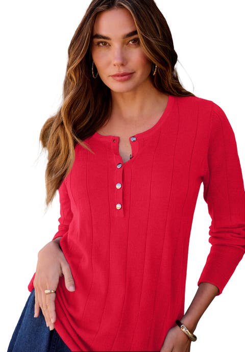 Plus Size Drop Needle Henley Lightweight Sweater Knit