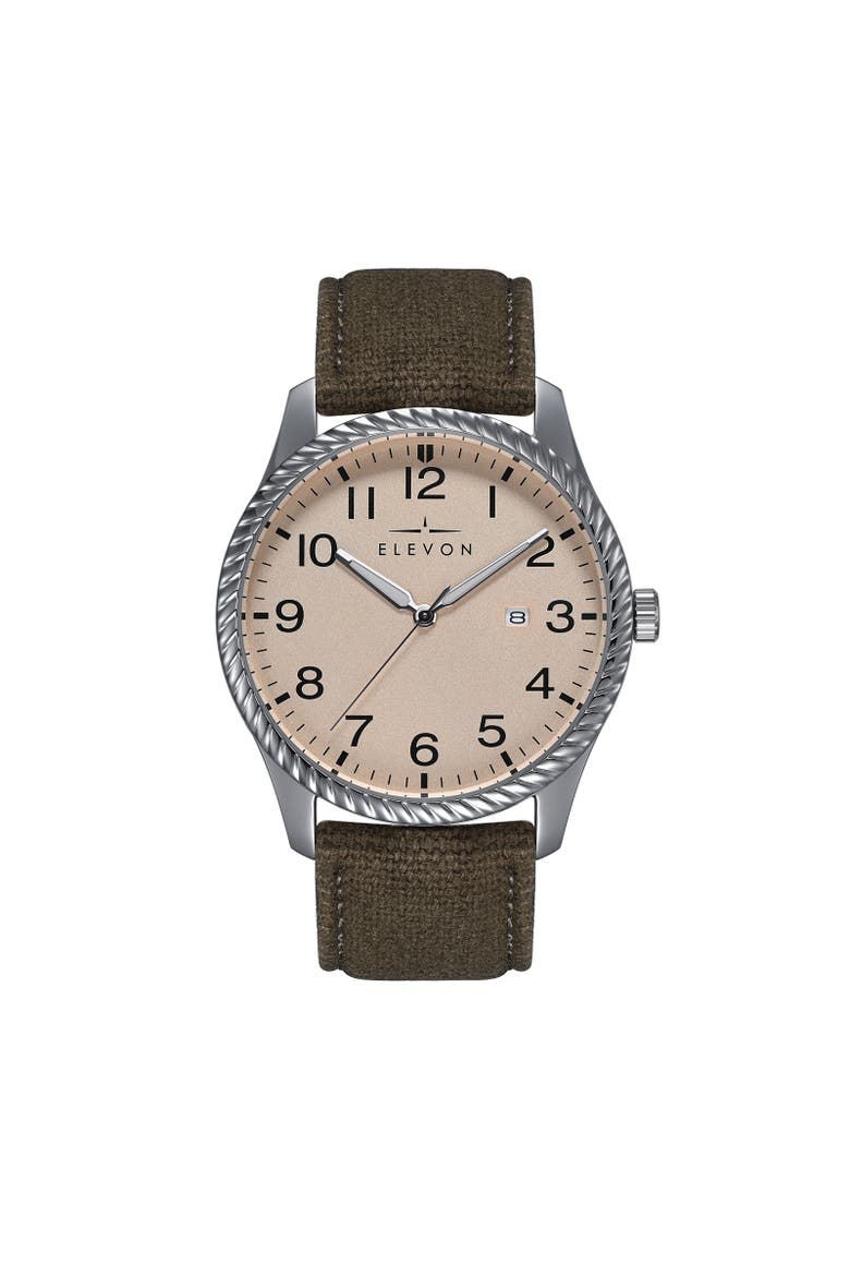 Crosswind Canvas-Overlaid Leather-Band Watch w/ Date, Main, color, Tan/Olive