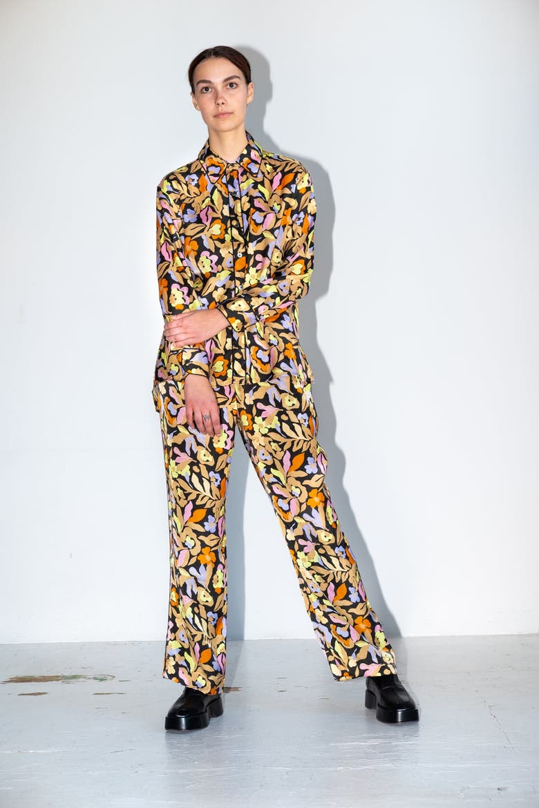 Manifest Printed Button-up Silky Shirt, Alternate, color, Lucida