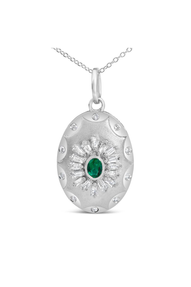 Sterling Silver Lab Grown Emerald and Diamond Sunburst Medallion Pendant Necklace, Alternate, color, Silver