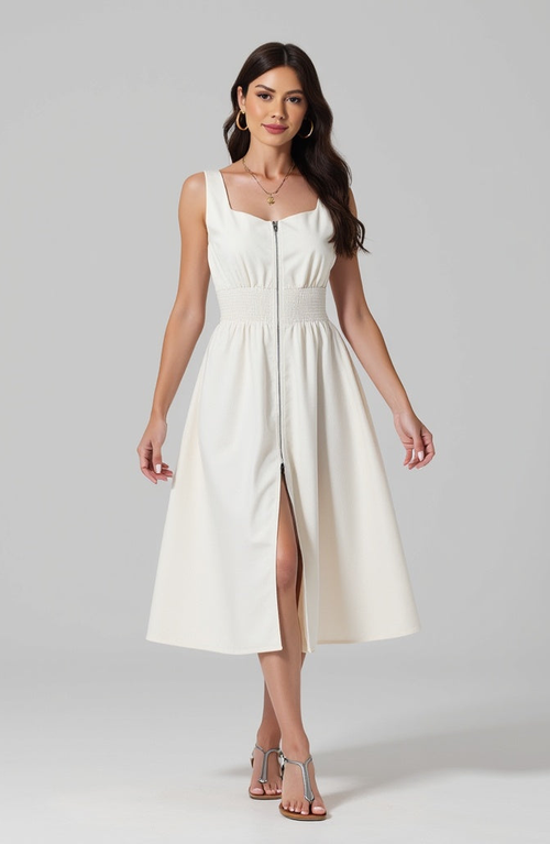 Modenaire Sleeveless Midi Dress With Smocked Waist In White