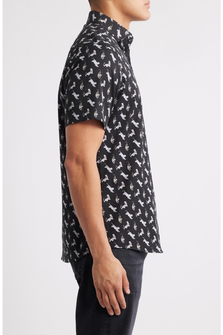 Tiger Print Short Sleeve Button-Up Shirt, Alternate, color, BLACK