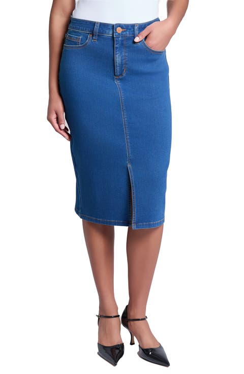 City Slit Front Denim Midi Skirt