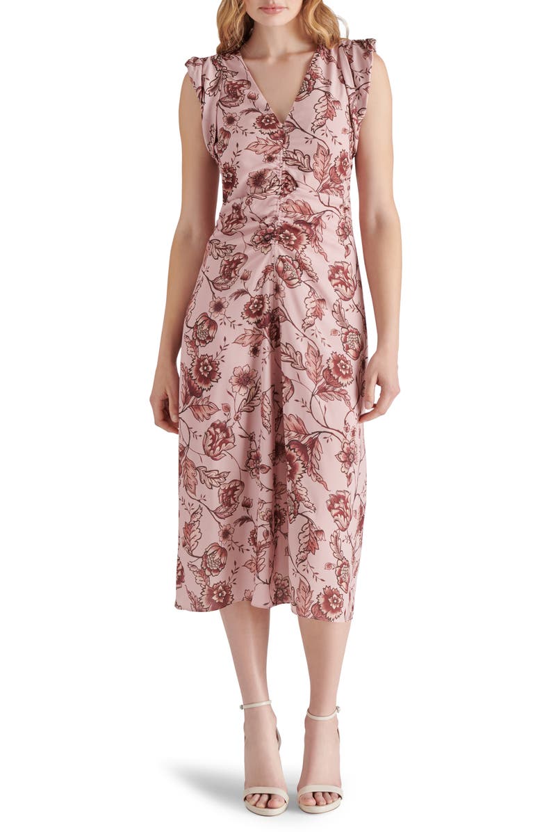 Steve Madden Honey Floral Ruched Front Midi Dress, Main, color,