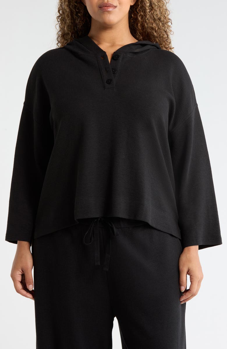 Eileen Fisher Hooded Cotton Blend Thermal Knit Top, Alternate, color, Black