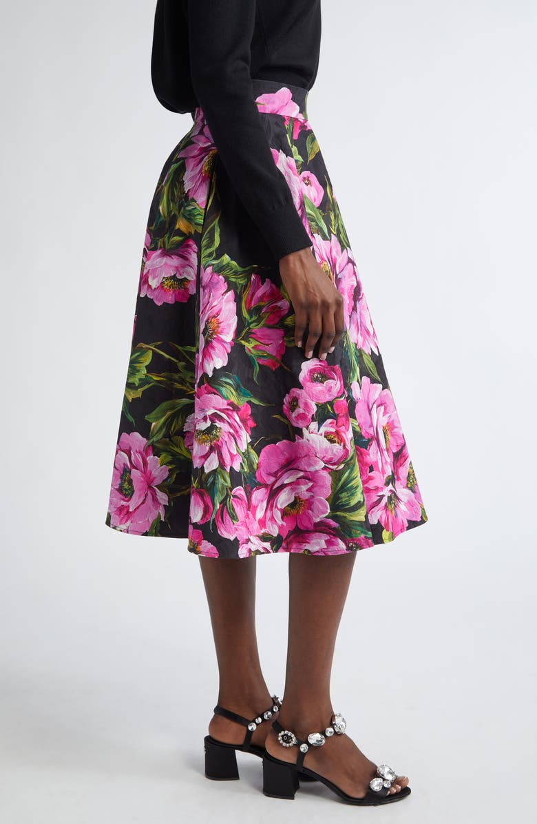 Dolce&Gabbana Peony Print Pleated Stretch Jacquard Skirt, Alternate, color, Peonie Fuxia F.nero