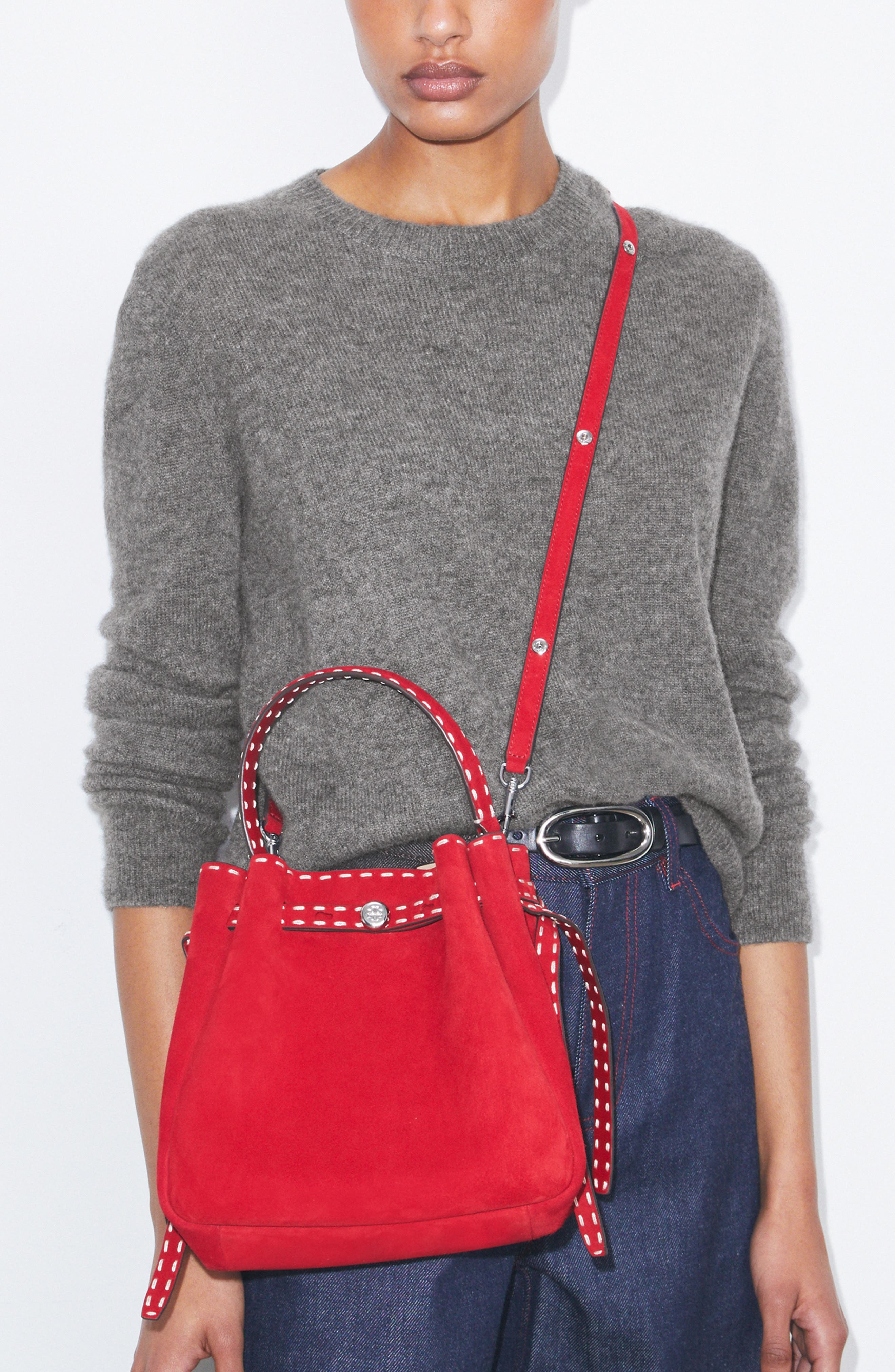 Tory Burch Romy Suede Bucket Bag, Alternate, color, Red